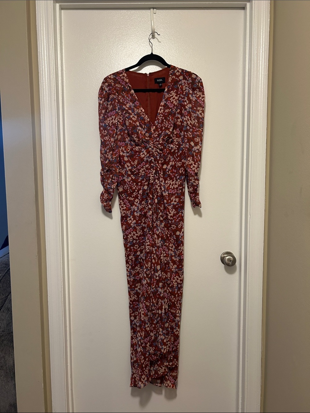 Rust Floral Twist-Front Midi Dress